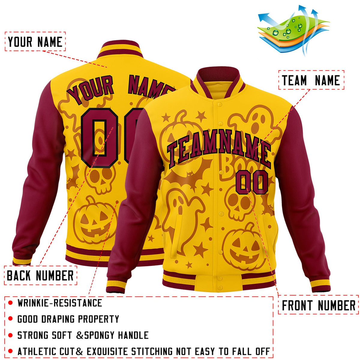 Custom Crimson Gold Yellow Bats Pumpkins Ghost Patterns Halloween Letterman Jacket | Custom Letterman Jacket,Add Name and Numbern,Sublimation Printed &amp; Stitched,Perfect for Parties | KXKSHOP