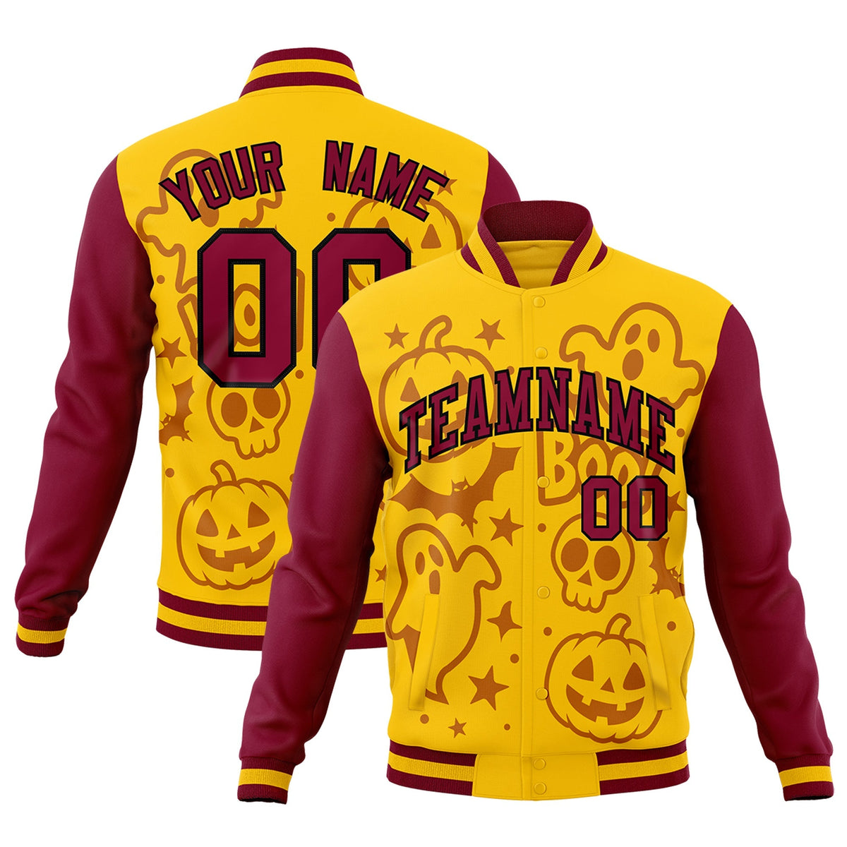 Custom Crimson Gold Yellow Bats Pumpkins Ghost Patterns Halloween Letterman Jacket | Custom Letterman Jacket,Add Name and Numbern,Sublimation Printed &amp; Stitched,Perfect for Parties | KXKSHOP