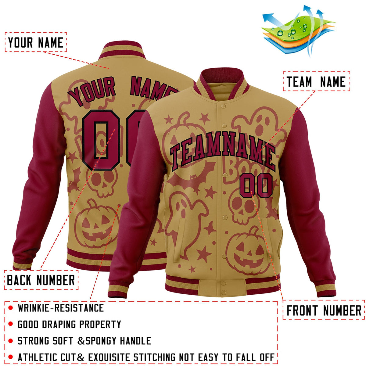 Custom Khaki Crimson Black Bats Pumpkins Ghost Patterns Halloween Letterman Jacket | Custom Letterman Jacket,Add Name and Numbern,Sublimation Printed &amp; Stitched,Perfect for Parties | KXKSHOP
