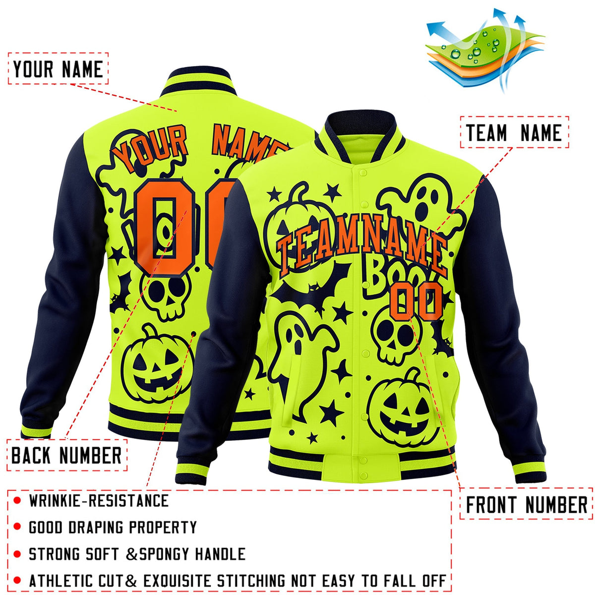 Custom Neon Green Navy Orange Bats Pumpkins Ghost Patterns Halloween Letterman Jacket | Custom Letterman Jacket,Add Name and Numbern,Sublimation Printed &amp; Stitched,Perfect for Parties | KXKSHOP