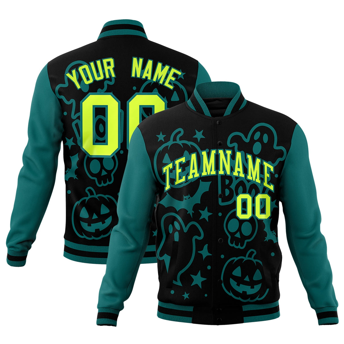 Custom Teal Black Neon Green Bats Pumpkins Ghost Patterns Halloween Letterman Jacket | Custom Letterman Jacket,Add Name and Numbern,Sublimation Printed &amp; Stitched,Perfect for Parties | KXKSHOP