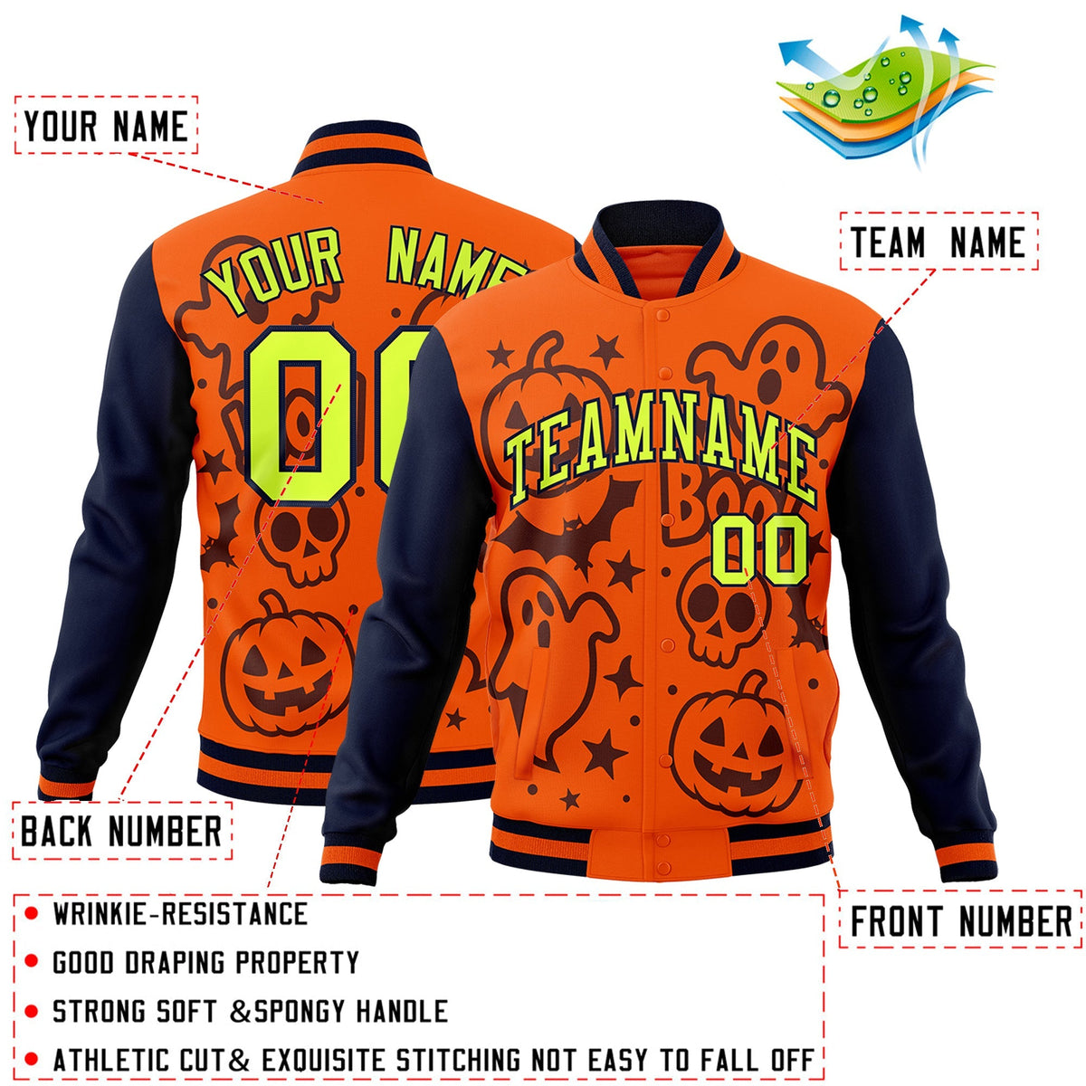 Custom Navy Orange Teal Bats Pumpkins Ghost Patterns Halloween Letterman Jacket | Custom Letterman Jacket,Add Name and Numbern,Sublimation Printed &amp; Stitched,Perfect for Parties | KXKSHOP