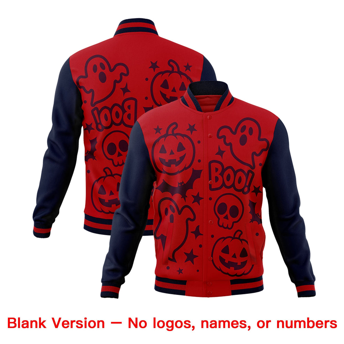 Custom Navy Red Gold Bats Pumpkins Ghost Patterns Halloween Letterman Jacket | Custom Letterman Jacket,Add Name and Numbern,Sublimation Printed &amp; Stitched,Perfect for Parties | KXKSHOP