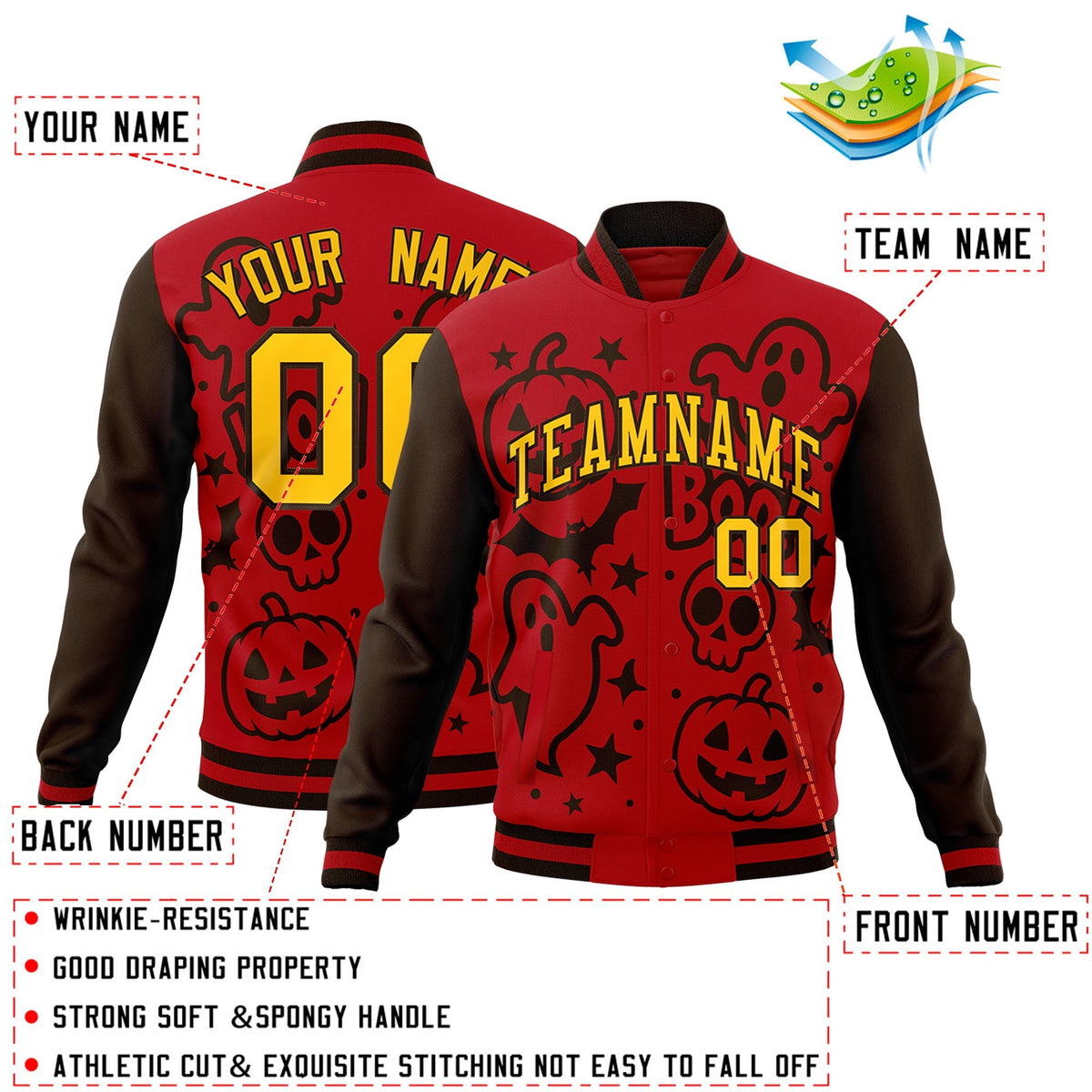 Custom Red Brown Gold Bats Pumpkins Ghost Patterns Halloween Letterman Jacket | Custom Letterman Jacket,Add Name and Numbern,Sublimation Printed &amp; Stitched,Perfect for Parties | KXKSHOP