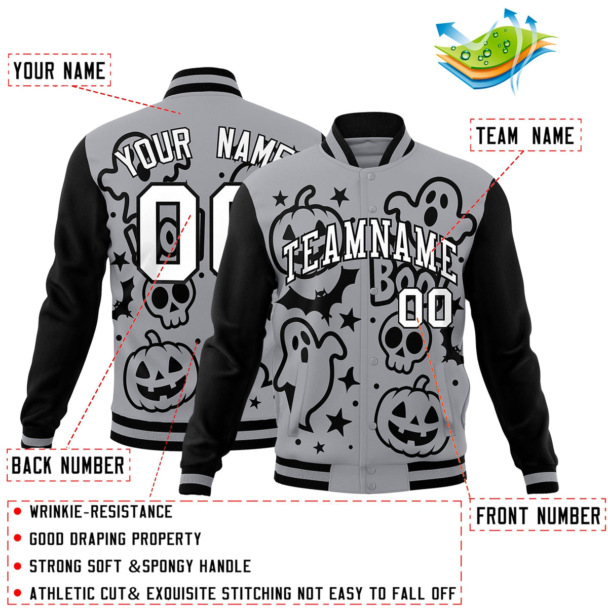Custom Gray Black White Bats Pumpkins Ghost Patterns Halloween Letterman Jacket | Custom Letterman Jacket,Add Name and Numbern,Sublimation Printed &amp; Stitched,Perfect for Parties | KXKSHOP