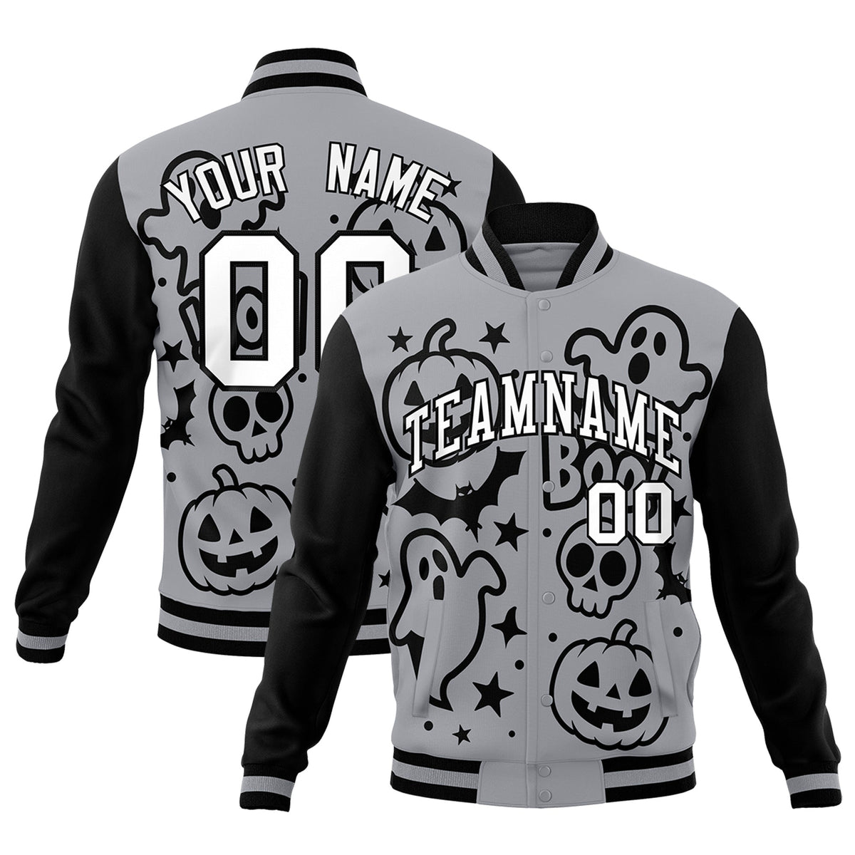 Custom Gray Black White Bats Pumpkins Ghost Patterns Halloween Letterman Jacket | Custom Letterman Jacket,Add Name and Numbern,Sublimation Printed &amp; Stitched,Perfect for Parties | KXKSHOP
