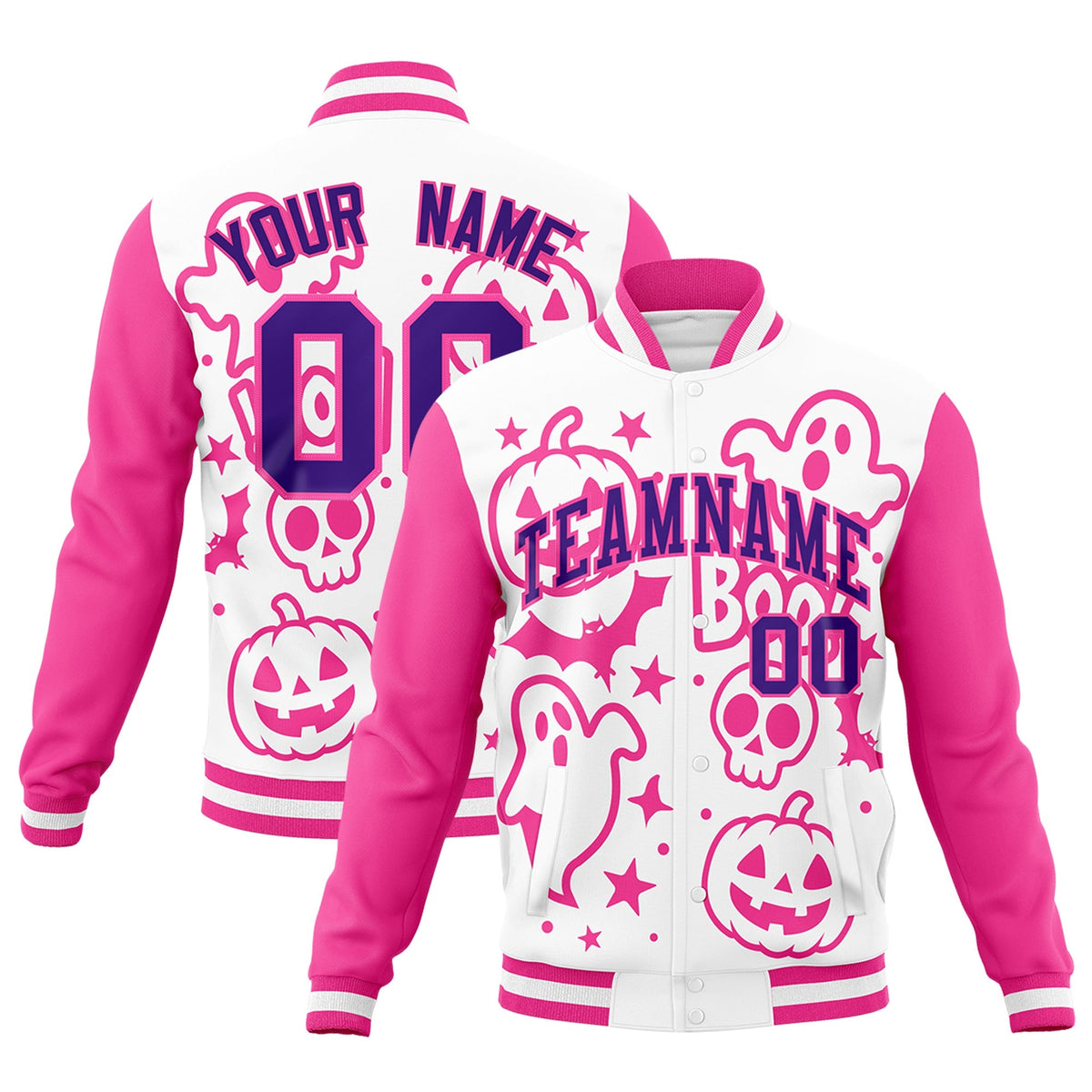 Custom White Pink Purple Bats Pumpkins Ghost Patterns Halloween Letterman Jacket | Custom Letterman Jacket,Add Name and Numbern,Sublimation Printed &amp; Stitched,Perfect for Parties | KXKSHOP