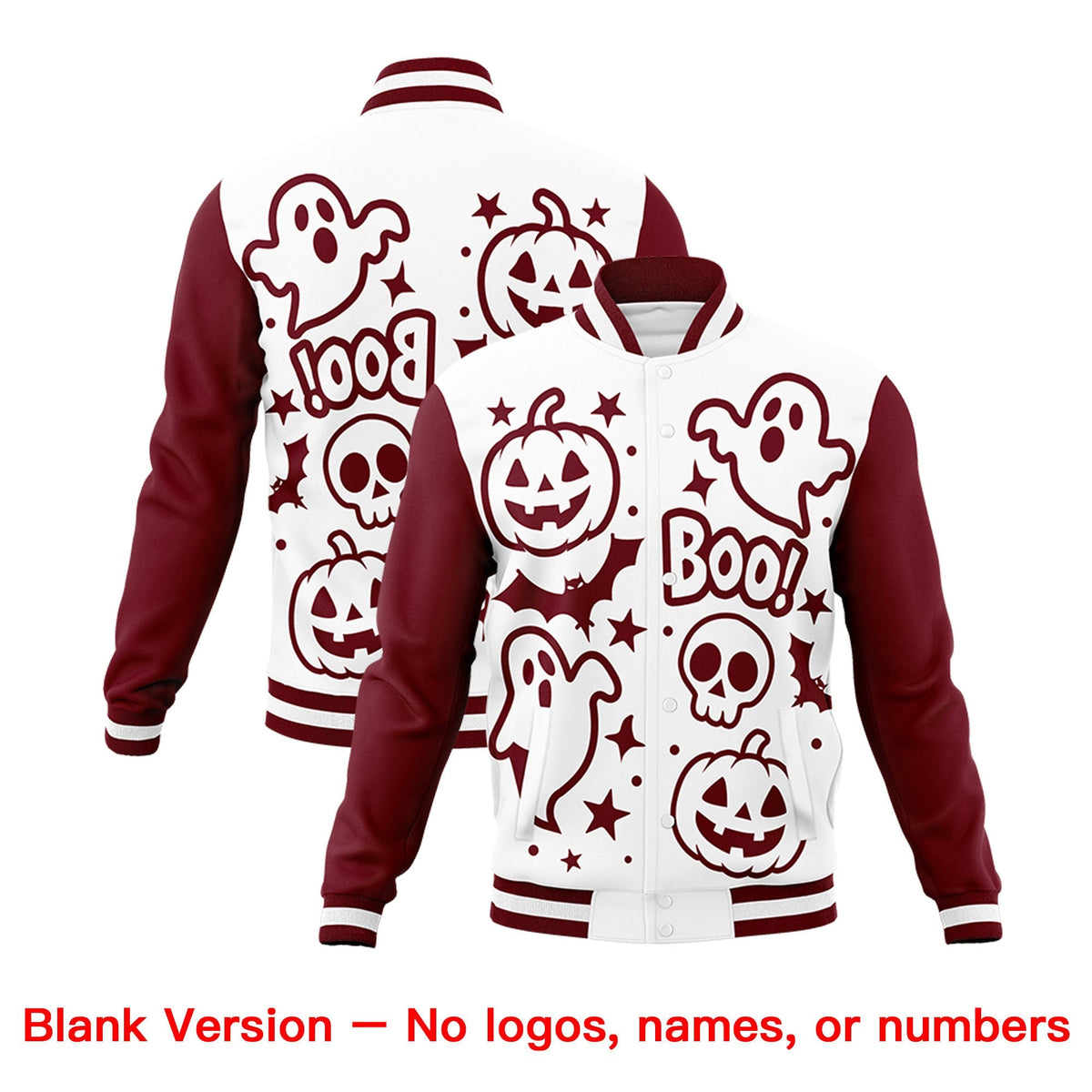 Custom White Crimson Old Gold Bats Pumpkins Ghost Patterns Halloween Letterman Jacket | Custom Letterman Jacket,Add Name and Numbern,Sublimation Printed &amp; Stitched,Perfect for Parties | KXKSHOP