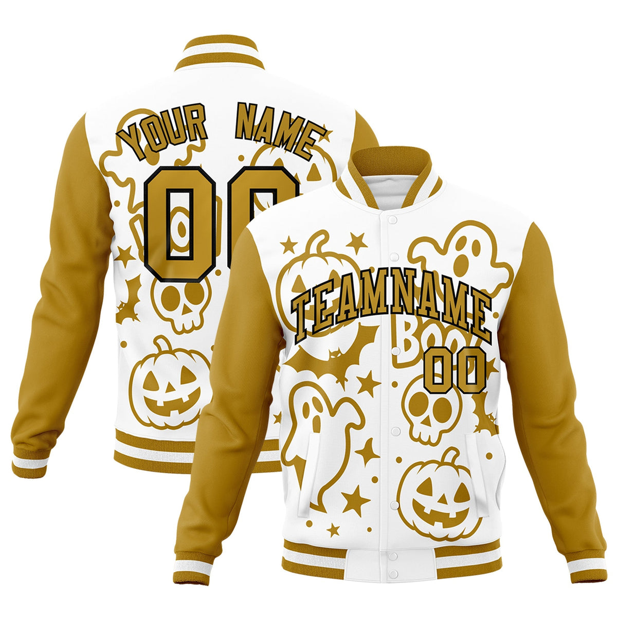 Custom White Old Gold Black Bats Pumpkins Ghost Patterns Halloween Letterman Jacket | Custom Letterman Jacket,Add Name and Numbern,Sublimation Printed &amp; Stitched,Perfect for Parties | KXKSHOP