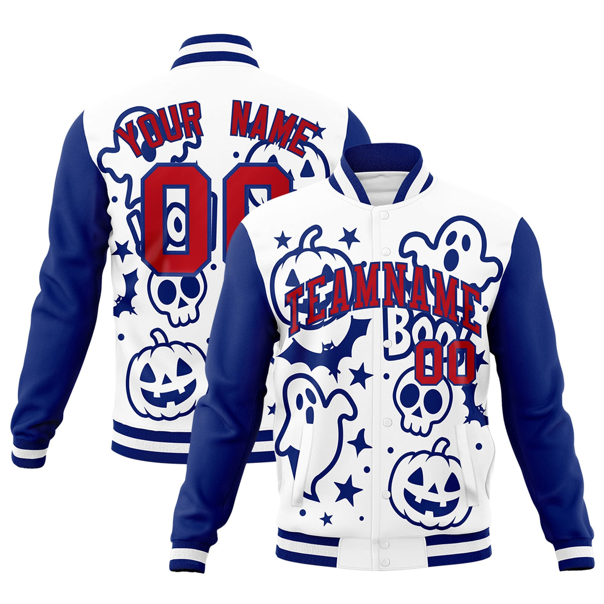 Custom Royal Blue White Red Bats Pumpkins Ghost Patterns Halloween Letterman Jacket | Custom Letterman Jacket,Add Name and Numbern,Sublimation Printed &amp; Stitched,Perfect for Parties | KXKSHOP