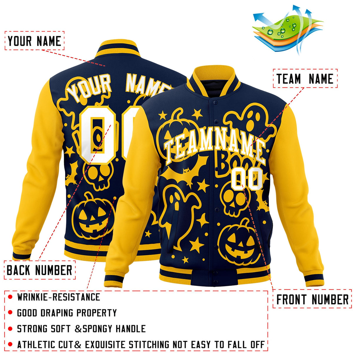 Custom Gold Navy White Bats Pumpkins Ghost Patterns Halloween Letterman Jacket | Custom Letterman Jacket,Add Name and Numbern,Sublimation Printed &amp; Stitched,Perfect for Parties | KXKSHOP