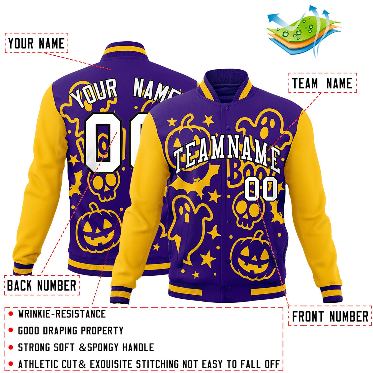 Custom Purple Gold White Bats Pumpkins Ghost Patterns Halloween Letterman Jacket | Custom Letterman Jacket,Add Name and Numbern,Sublimation Printed &amp; Stitched,Perfect for Parties | KXKSHOP