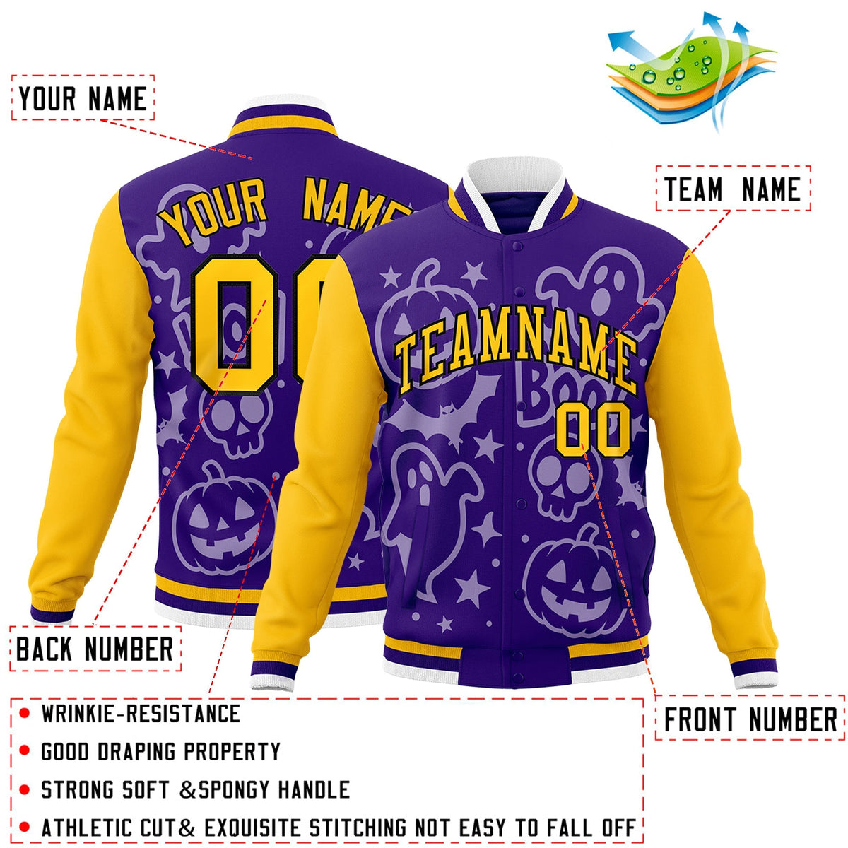 Custom Yellow Purple Gold Bats Pumpkins Ghost Patterns Halloween Letterman Jacket | Custom Letterman Jacket,Add Name and Numbern,Sublimation Printed &amp; Stitched,Perfect for Parties | KXKSHOP