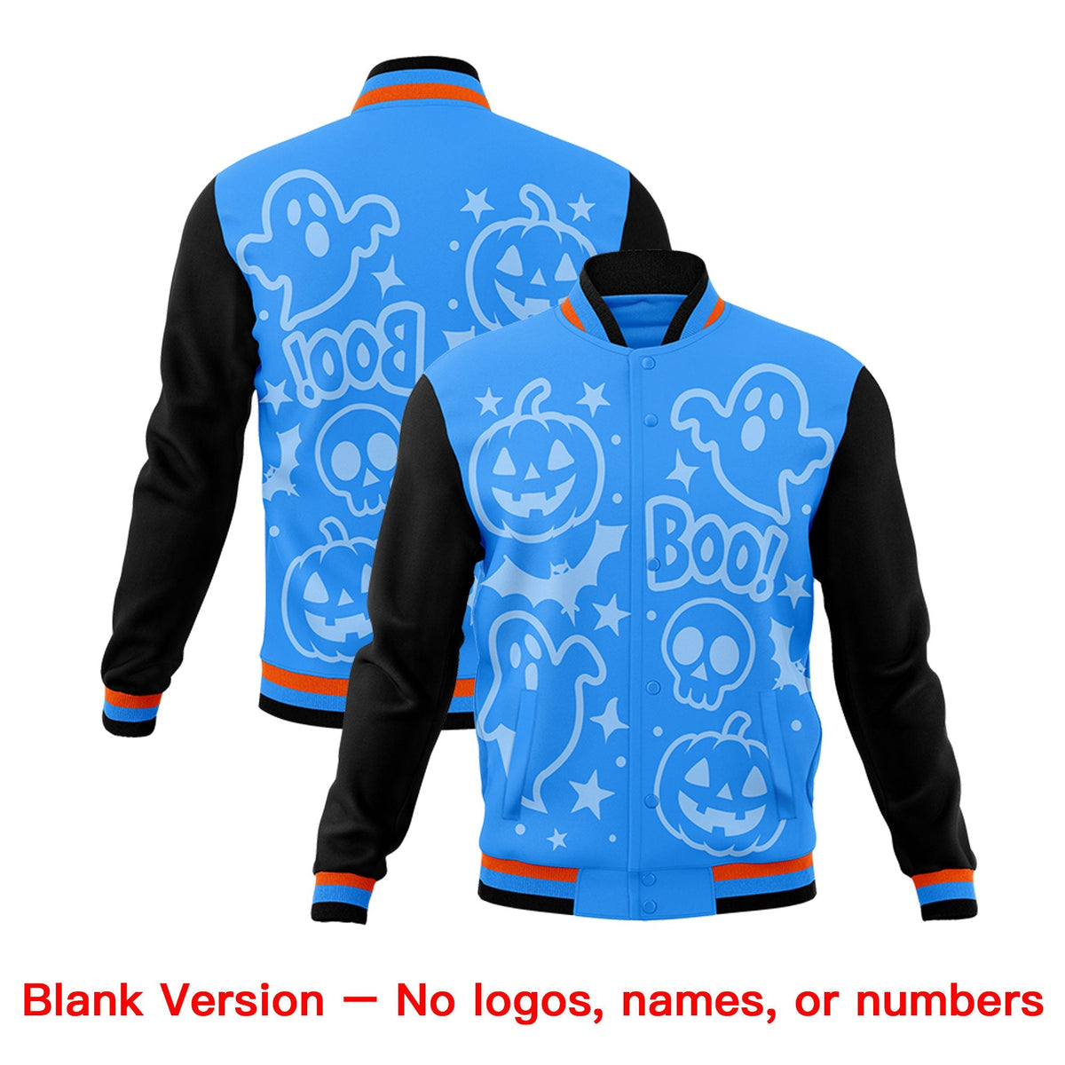 Custom Orange Powder Blue Black Bats Pumpkins Ghost Patterns Halloween Letterman Jacket | Custom Letterman Jacket,Add Name and Numbern,Sublimation Printed &amp; Stitched,Perfect for Parties | KXKSHOP