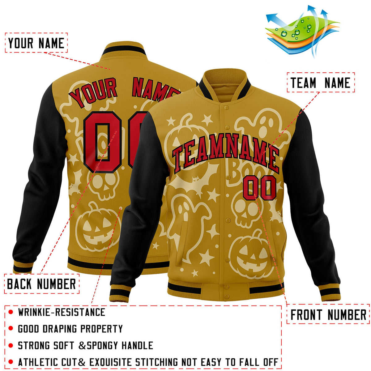 Custom Old Gold Black Red Bats Pumpkins Ghost Patterns Halloween Letterman Jacket | Custom Letterman Jacket,Add Name and Numbern,Sublimation Printed &amp; Stitched,Perfect for Parties | KXKSHOP