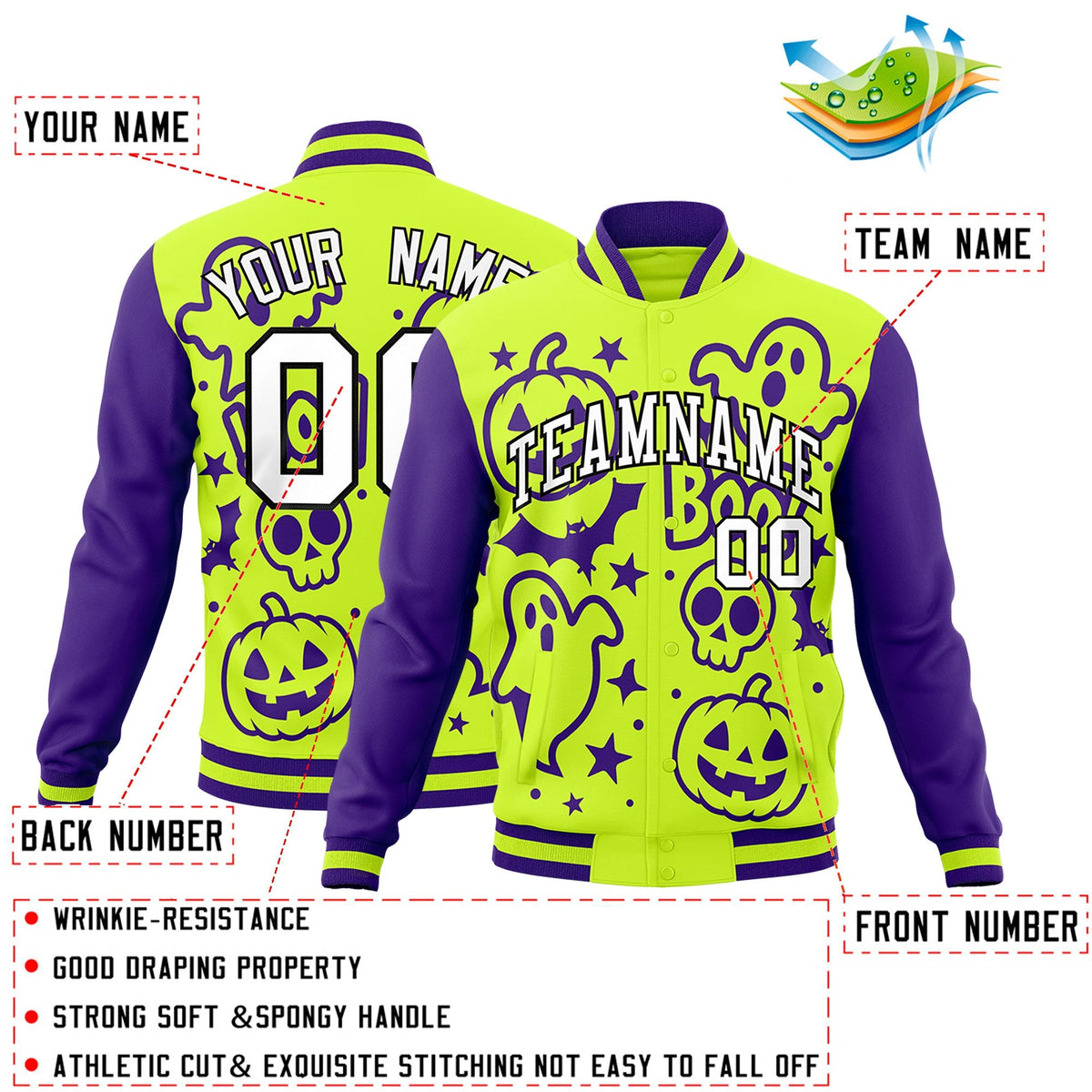 Custom Purple Neon Green White Bats Pumpkins Ghost Patterns Halloween Letterman Jacket | Custom Letterman Jacket,Add Name and Numbern,Sublimation Printed &amp; Stitched,Perfect for Parties | KXKSHOP