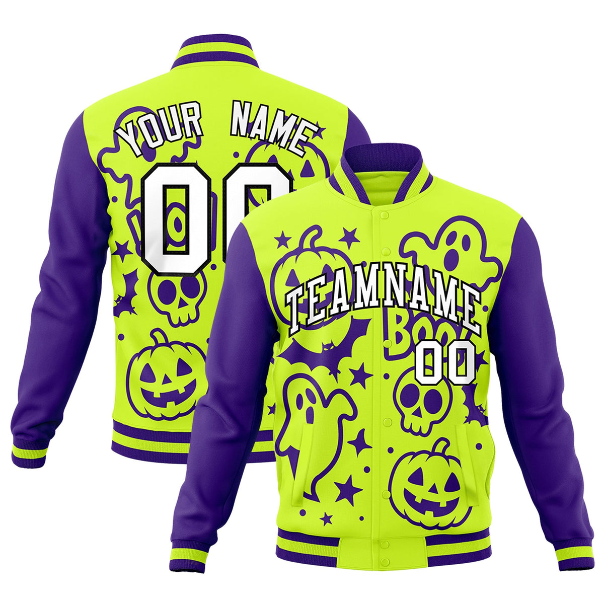 Custom Purple Neon Green White Bats Pumpkins Ghost Patterns Halloween Letterman Jacket | Custom Letterman Jacket,Add Name and Numbern,Sublimation Printed &amp; Stitched,Perfect for Parties | KXKSHOP