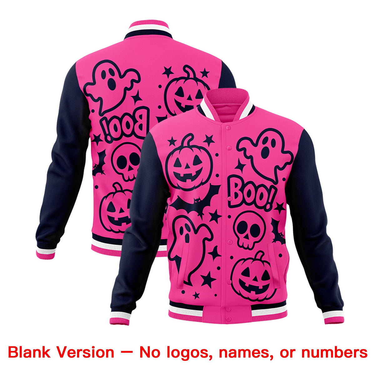 Custom Navy Pink White Bats Pumpkins Ghost Patterns Halloween Letterman Jacket | Custom Letterman Jacket,Add Name and Numbern,Sublimation Printed &amp; Stitched,Perfect for Parties | KXKSHOP