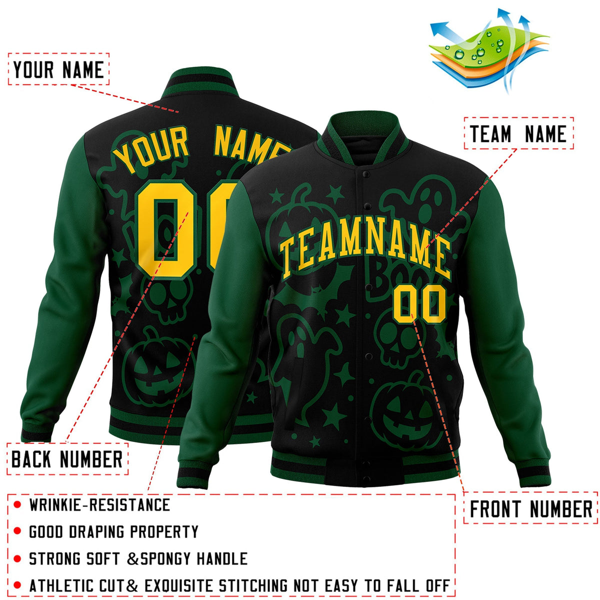 Custom Green Black Gold Bats Pumpkins Ghost Patterns Halloween Letterman Jacket | Custom Letterman Jacket,Add Name and Numbern,Sublimation Printed &amp; Stitched,Perfect for Parties | KXKSHOP
