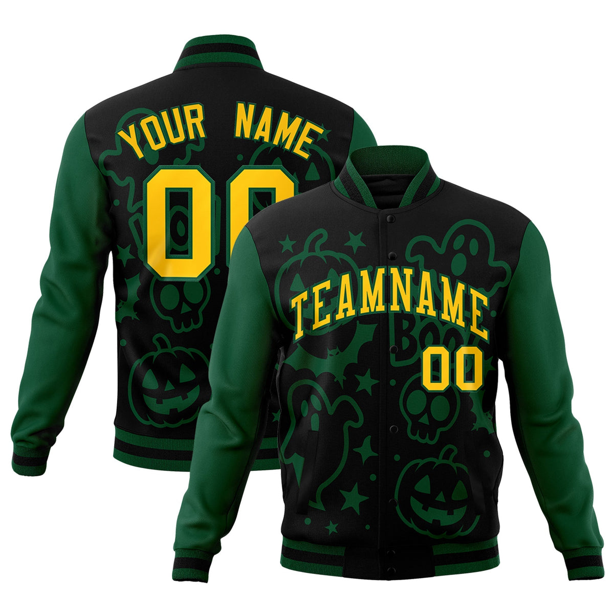 Custom Green Black Gold Bats Pumpkins Ghost Patterns Halloween Letterman Jacket | Custom Letterman Jacket,Add Name and Numbern,Sublimation Printed &amp; Stitched,Perfect for Parties | KXKSHOP