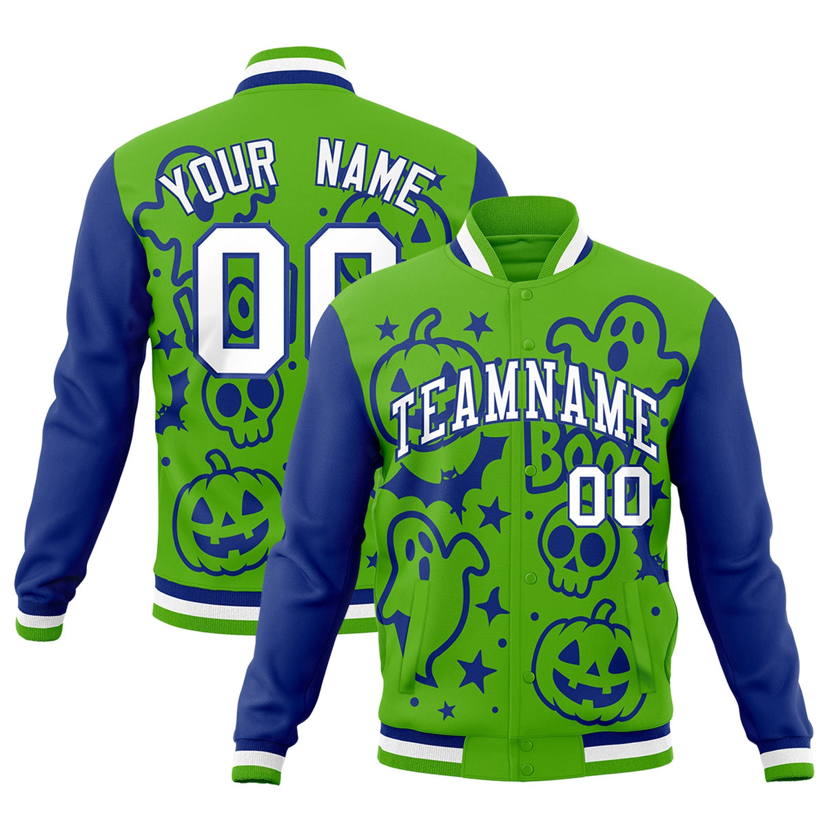 Custom Green Royal Blue White Bats Pumpkins Ghost Patterns Halloween Letterman Jacket | Custom Letterman Jacket,Add Name and Numbern,Sublimation Printed &amp; Stitched,Perfect for Parties | KXKSHOP