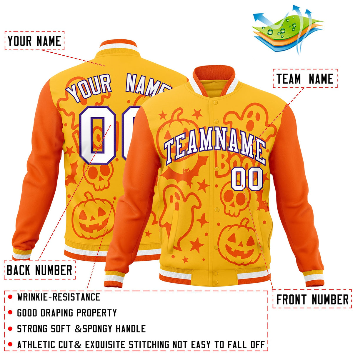 Custom Yellow Orange Gold Bats Pumpkins Ghost Patterns Halloween Letterman Jacket | Custom Letterman Jacket,Add Name and Numbern,Sublimation Printed &amp; Stitched,Perfect for Parties | KXKSHOP