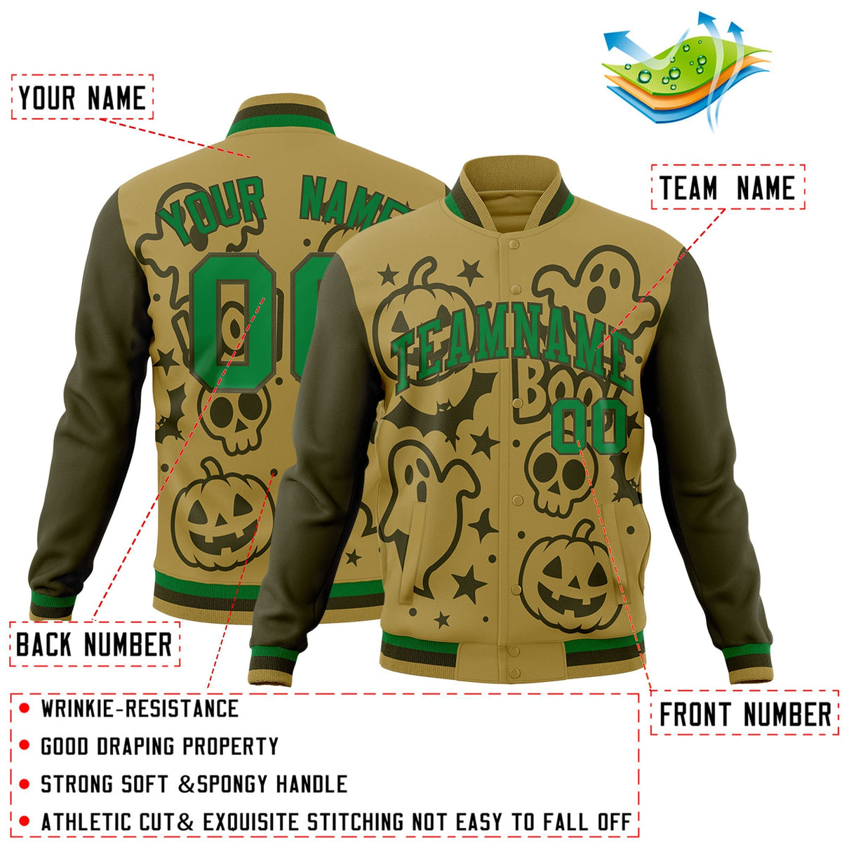 Custom Desert Yellow Kelly Green Olive Bats Pumpkins Ghost Patterns Halloween Letterman Jacket | Custom Letterman Jacket,Add Name and Numbern,Sublimation Printed &amp; Stitched,Perfect for Parties | KXKSHOP