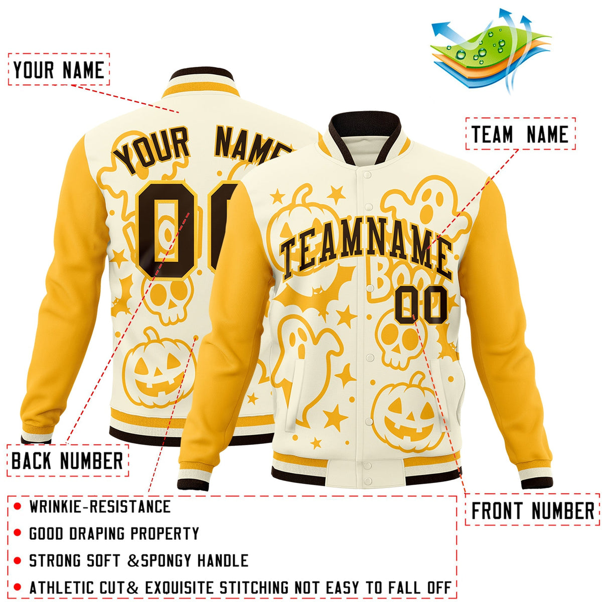 Custom Yellow Cream Gold Bats Pumpkins Ghost Patterns Halloween Letterman Jacket | Custom Letterman Jacket,Add Name and Numbern,Sublimation Printed &amp; Stitched,Perfect for Parties | KXKSHOP