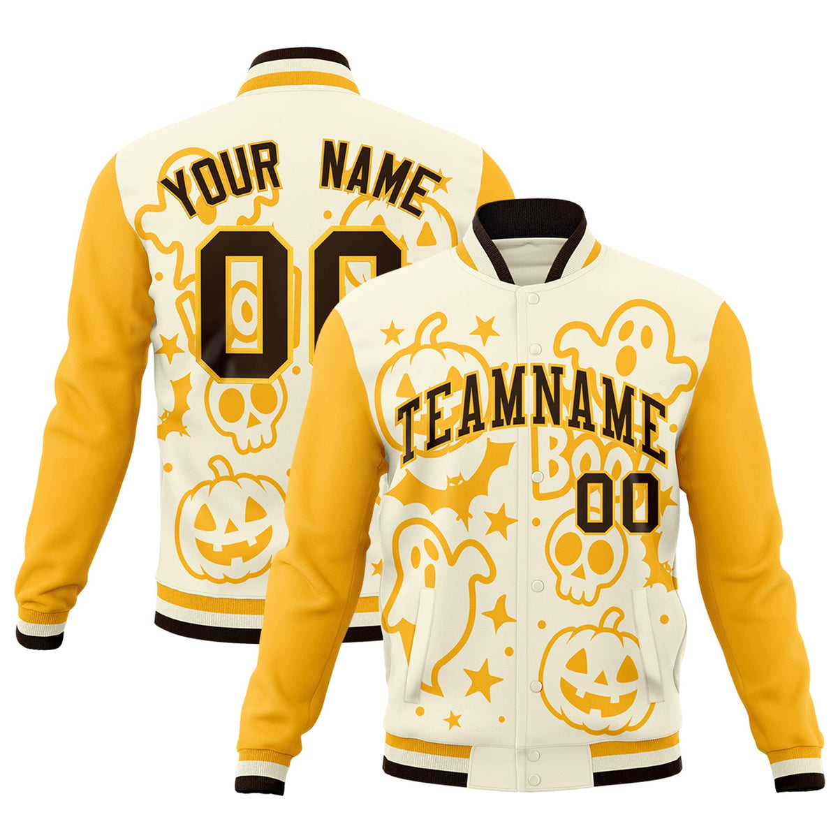 Custom Yellow Cream Gold Bats Pumpkins Ghost Patterns Halloween Letterman Jacket | Custom Letterman Jacket,Add Name and Numbern,Sublimation Printed &amp; Stitched,Perfect for Parties | KXKSHOP