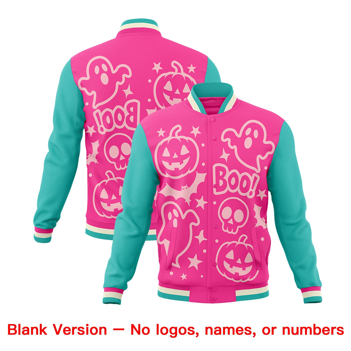 Custom Pink Bright Green Cream Bats Pumpkins Ghost Patterns Halloween Letterman Jacket | Custom Letterman Jacket,Add Name and Numbern,Sublimation Printed &amp; Stitched,Perfect for Parties | KXKSHOP