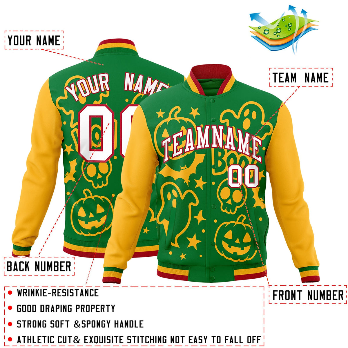 Custom Kelly Green Gold Red Bats Pumpkins Ghost Patterns Halloween Letterman Jacket | Custom Letterman Jacket,Add Name and Numbern,Sublimation Printed &amp; Stitched,Perfect for Parties | KXKSHOP