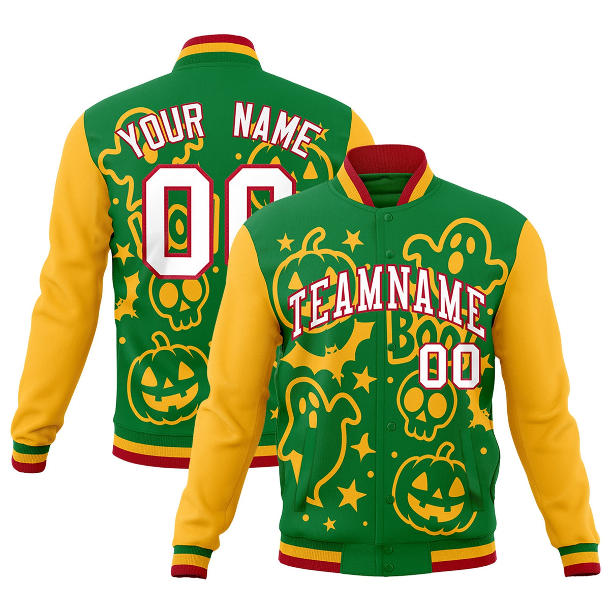 Custom Kelly Green Gold Red Bats Pumpkins Ghost Patterns Halloween Letterman Jacket | Custom Letterman Jacket,Add Name and Numbern,Sublimation Printed &amp; Stitched,Perfect for Parties | KXKSHOP