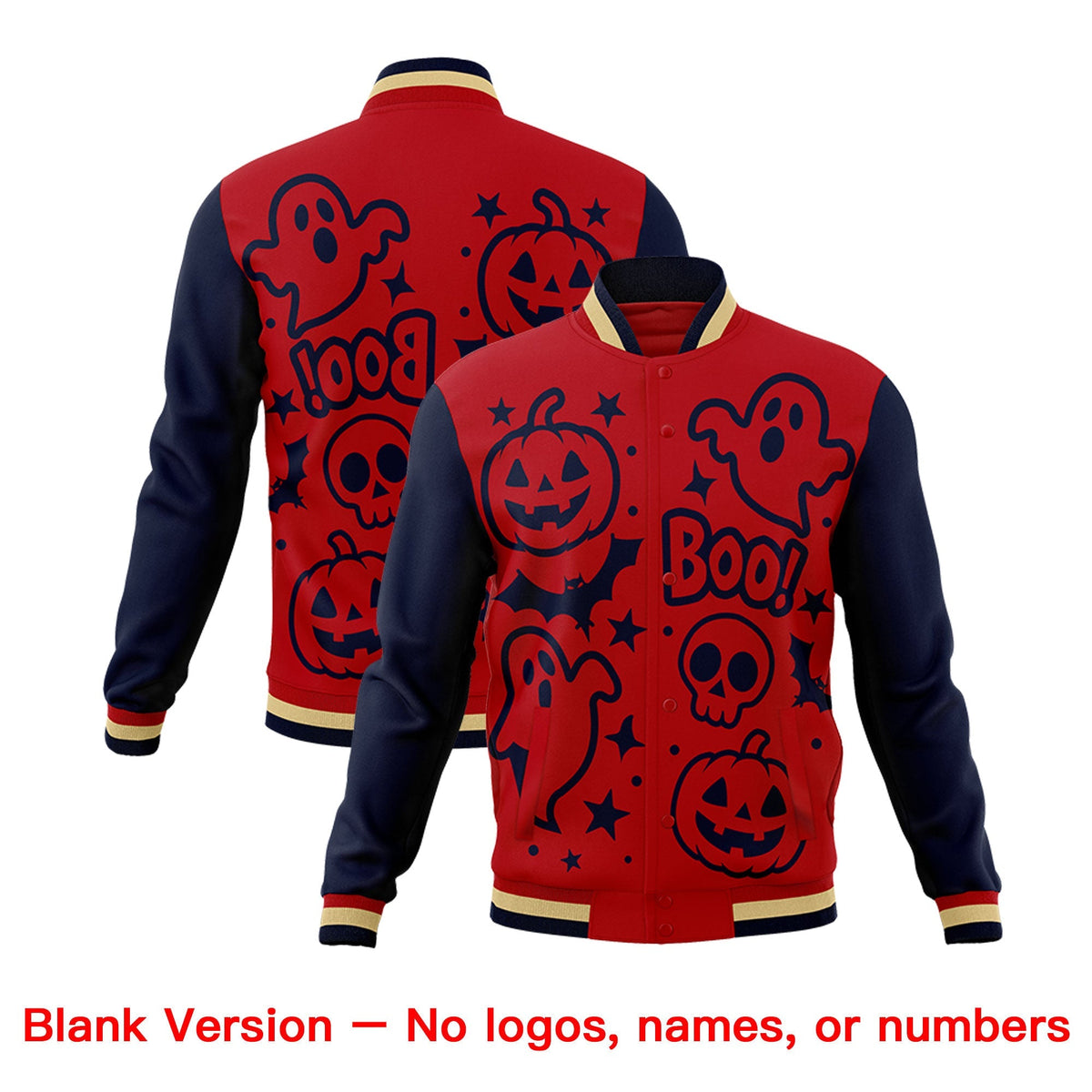 Custom Red Navy Khaki Bats Pumpkins Ghost Patterns Halloween Letterman Jacket | Custom Letterman Jacket,Add Name and Numbern,Sublimation Printed &amp; Stitched,Perfect for Parties | KXKSHOP