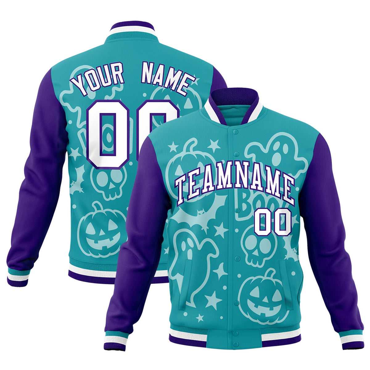 Custom Aqua Purple White Bats Pumpkins Ghost Patterns Halloween Letterman Jacket | Custom Letterman Jacket,Add Name and Numbern,Sublimation Printed &amp; Stitched,Perfect for Parties | KXKSHOP