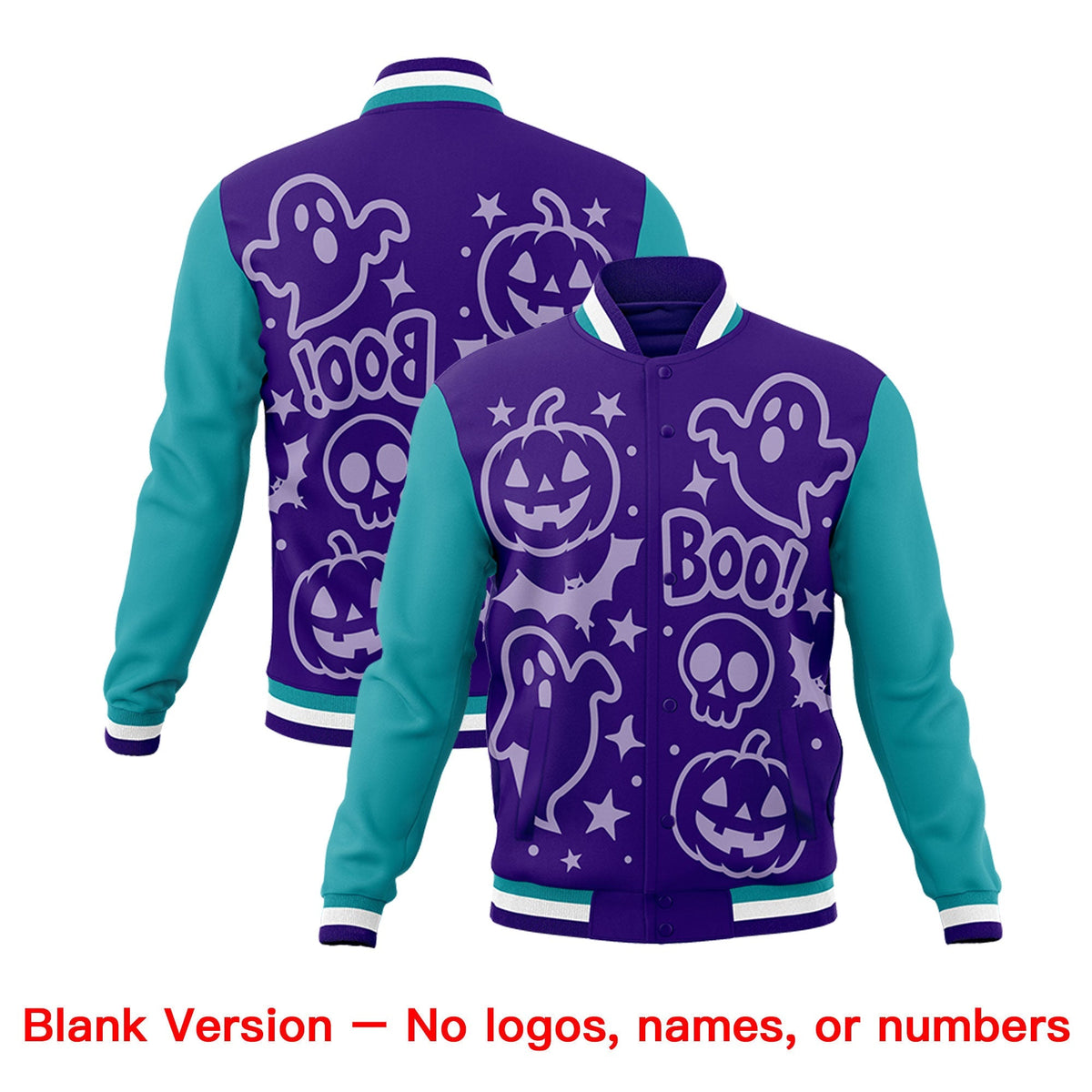 Custom Purple Aqua White Bats Pumpkins Ghost Patterns Halloween Letterman Jacket | Custom Letterman Jacket,Add Name and Numbern,Sublimation Printed &amp; Stitched,Perfect for Parties | KXKSHOP