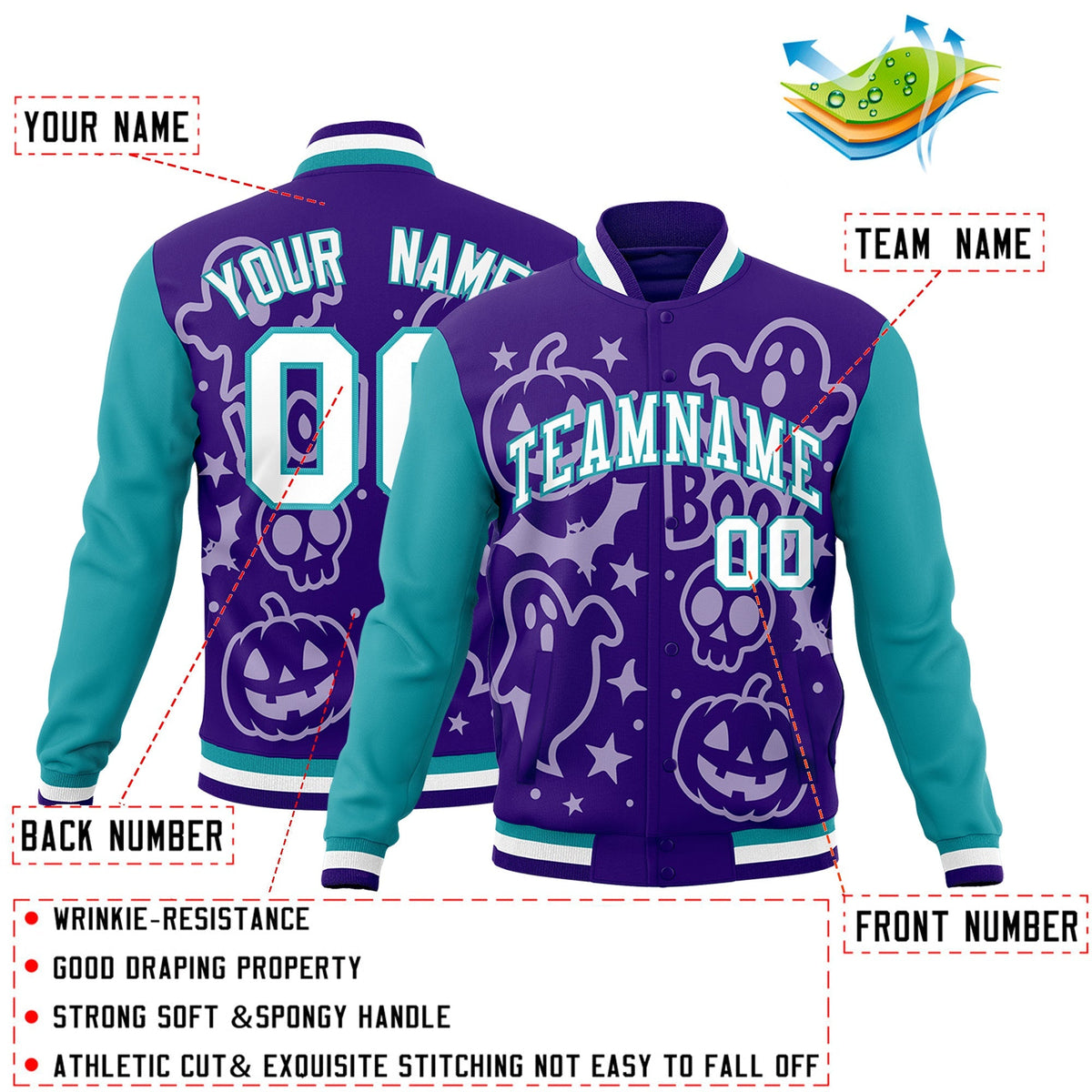 Custom Purple Aqua White Bats Pumpkins Ghost Patterns Halloween Letterman Jacket | Custom Letterman Jacket,Add Name and Numbern,Sublimation Printed &amp; Stitched,Perfect for Parties | KXKSHOP