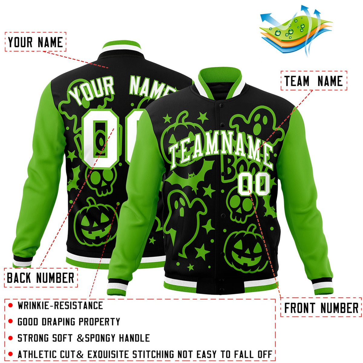 Custom Black Green White Bats Pumpkins Ghost Patterns Halloween Letterman Jacket | Custom Letterman Jacket,Add Name and Numbern,Sublimation Printed &amp; Stitched,Perfect for Parties | KXKSHOP