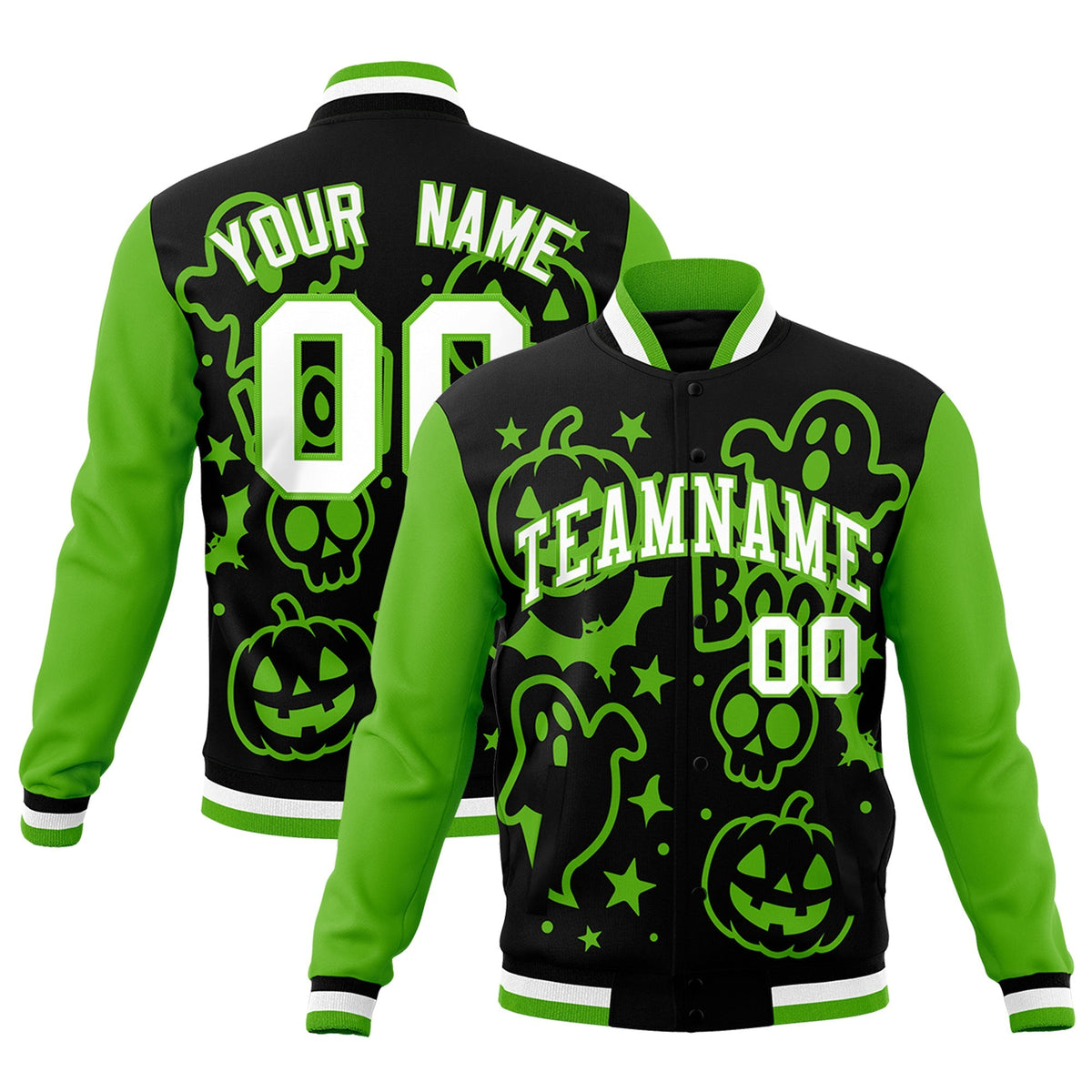 Custom Black Green White Bats Pumpkins Ghost Patterns Halloween Letterman Jacket | Custom Letterman Jacket,Add Name and Numbern,Sublimation Printed &amp; Stitched,Perfect for Parties | KXKSHOP