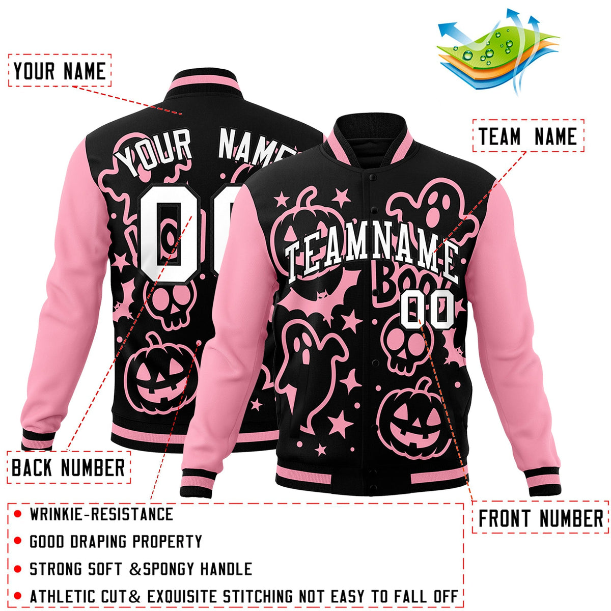 Custom Light Pink Black White Bats Pumpkins Ghost Patterns Halloween Letterman Jacket | Custom Letterman Jacket,Add Name and Numbern,Sublimation Printed &amp; Stitched,Perfect for Parties | KXKSHOP