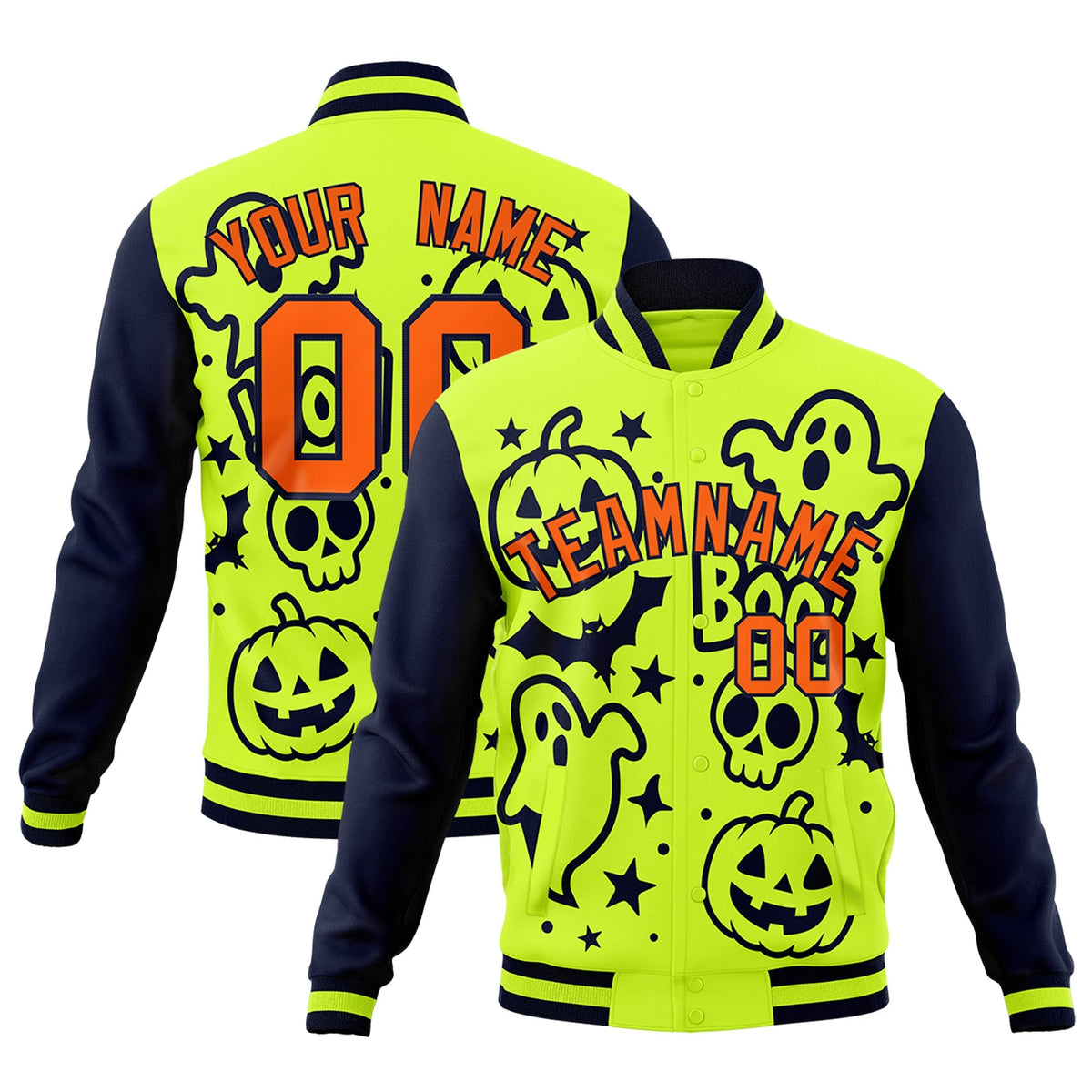 Custom Neon Green Navy Orange Bats Pumpkins Ghost Patterns Halloween Letterman Jacket | Custom Letterman Jacket,Add Name and Numbern,Sublimation Printed &amp; Stitched,Perfect for Parties | KXKSHOP