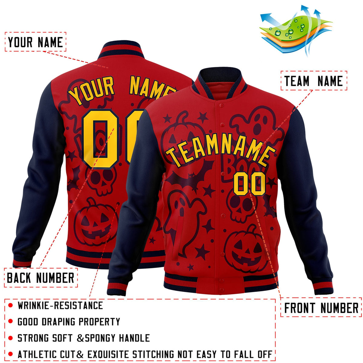 Custom Navy Red Gold Bats Pumpkins Ghost Patterns Halloween Letterman Jacket | Custom Letterman Jacket,Add Name and Numbern,Sublimation Printed &amp; Stitched,Perfect for Parties | KXKSHOP