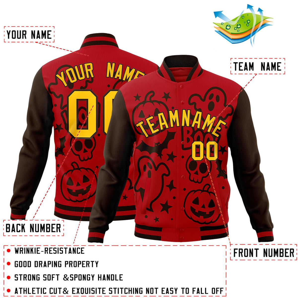 Custom Red Brown Gold Bats Pumpkins Ghost Patterns Halloween Letterman Jacket | Custom Letterman Jacket,Add Name and Numbern,Sublimation Printed &amp; Stitched,Perfect for Parties | KXKSHOP