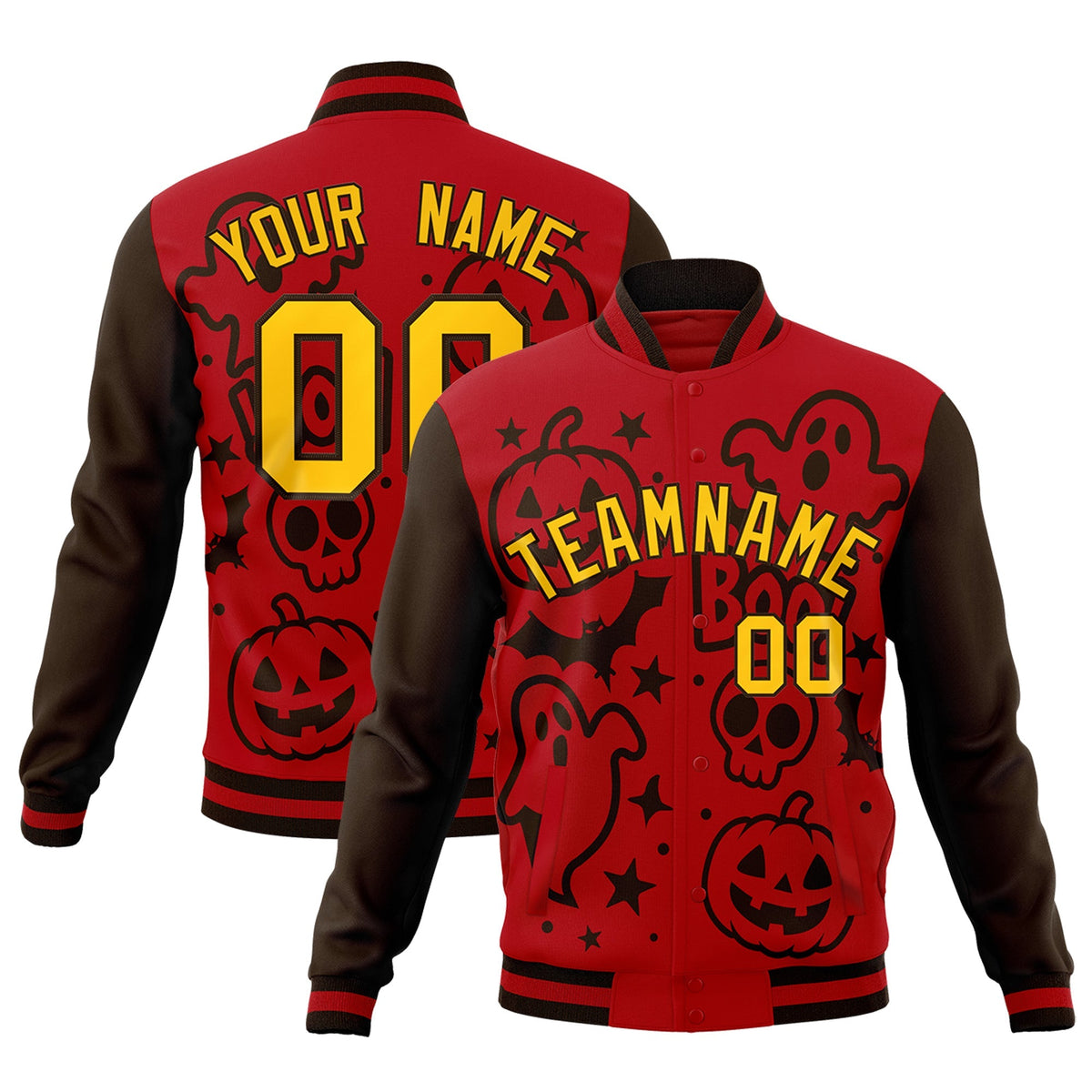 Custom Red Brown Gold Bats Pumpkins Ghost Patterns Halloween Letterman Jacket | Custom Letterman Jacket,Add Name and Numbern,Sublimation Printed &amp; Stitched,Perfect for Parties | KXKSHOP