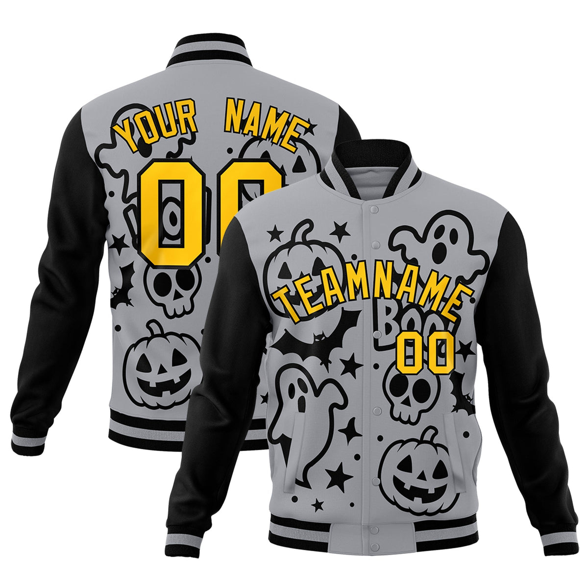 Custom Gray Black Gold Bats Pumpkins Ghost Patterns Halloween Letterman Jacket | Custom Letterman Jacket,Add Name and Numbern,Sublimation Printed &amp; Stitched,Perfect for Parties | KXKSHOP