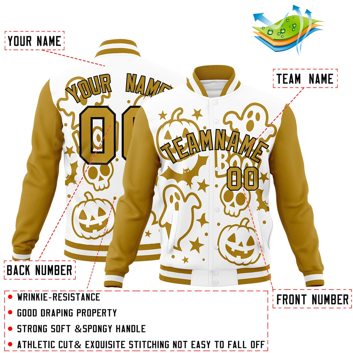 Custom White Old Gold Black Bats Pumpkins Ghost Patterns Halloween Letterman Jacket | Custom Letterman Jacket,Add Name and Numbern,Sublimation Printed &amp; Stitched,Perfect for Parties | KXKSHOP