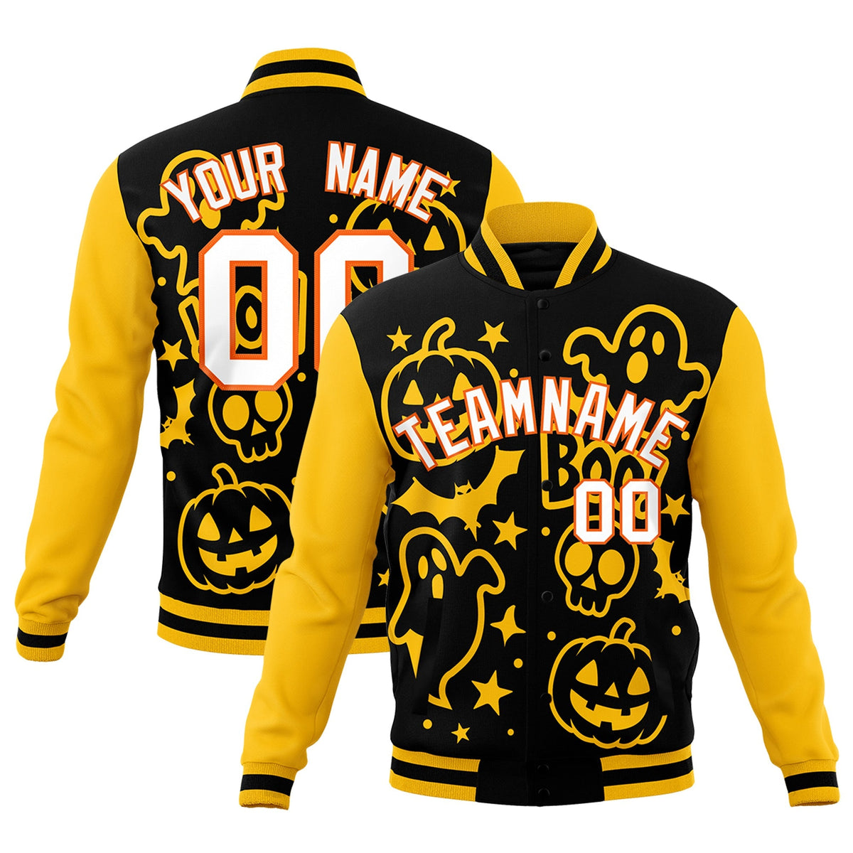 Custom Gold Black White Bats Pumpkins Ghost Patterns Halloween Letterman Jacket | Custom Letterman Jacket,Add Name and Numbern,Sublimation Printed &amp; Stitched,Perfect for Parties | KXKSHOP