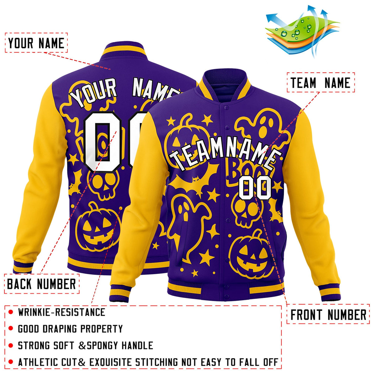 Custom Purple Gold White Bats Pumpkins Ghost Patterns Halloween Letterman Jacket | Custom Letterman Jacket,Add Name and Numbern,Sublimation Printed &amp; Stitched,Perfect for Parties | KXKSHOP