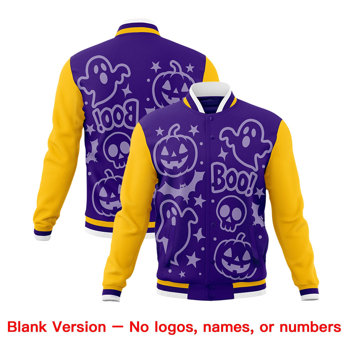 Custom Yellow Purple Gold Bats Pumpkins Ghost Patterns Halloween Letterman Jacket | Custom Letterman Jacket,Add Name and Numbern,Sublimation Printed &amp; Stitched,Perfect for Parties | KXKSHOP