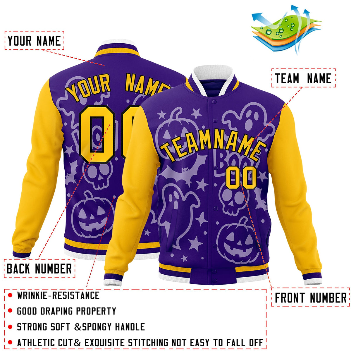 Custom Yellow Purple Gold Bats Pumpkins Ghost Patterns Halloween Letterman Jacket | Custom Letterman Jacket,Add Name and Numbern,Sublimation Printed &amp; Stitched,Perfect for Parties | KXKSHOP