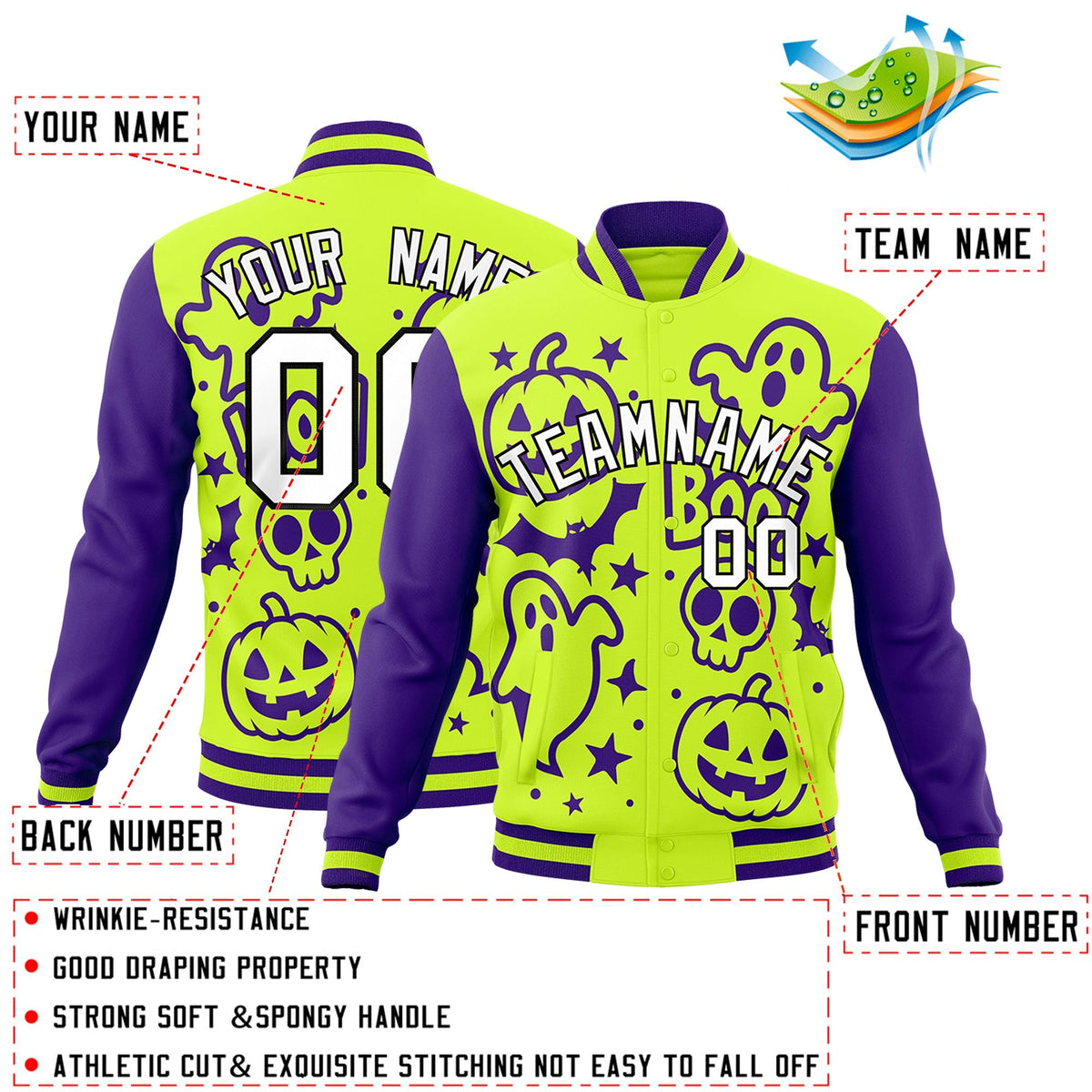 Custom Purple Neon Green White Bats Pumpkins Ghost Patterns Halloween Letterman Jacket | Custom Letterman Jacket,Add Name and Numbern,Sublimation Printed &amp; Stitched,Perfect for Parties | KXKSHOP